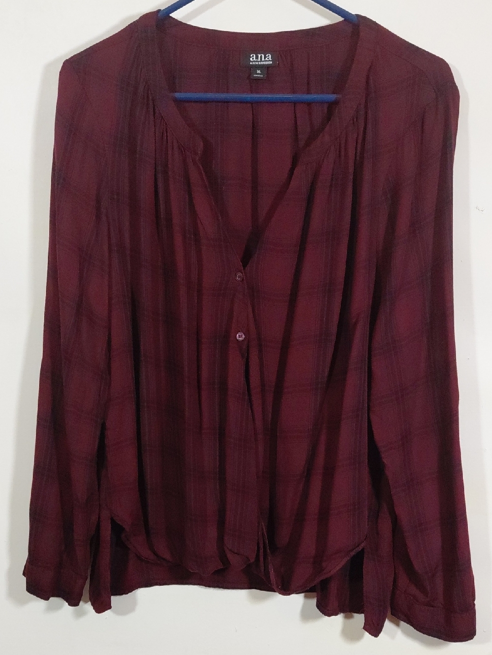 a.n.a Burgundy Plaid Button-Front Roll Tab Sleeve Shirt Size LG